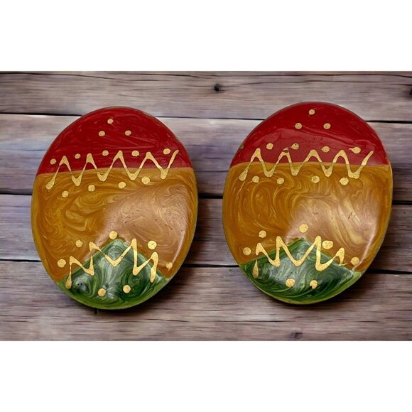 Easter Egg Earrings Vintage Swirl Paint Style Oval Earth Tones Retro 80s - Picture 1 of 6